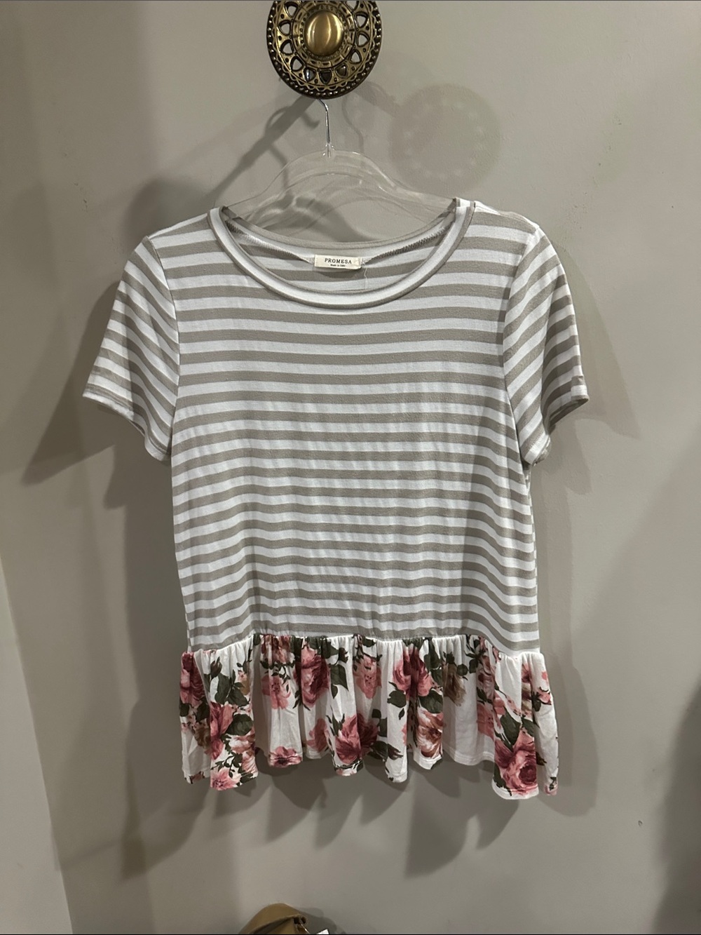 Promesa Gray & White Stripe Short Sleeve Top with Pink Floral Ruffle Sz m